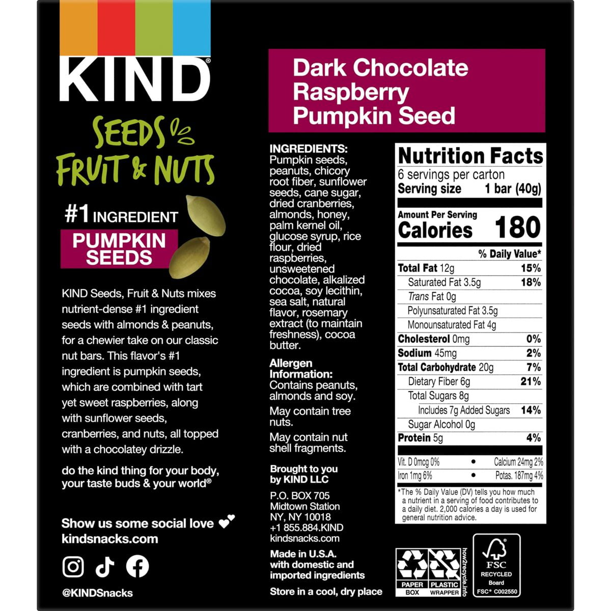 KIND Bars Dark Chocolate Raspberry Pumpkin Seed Gluten Free Snacks - 6ct - Pack of 2