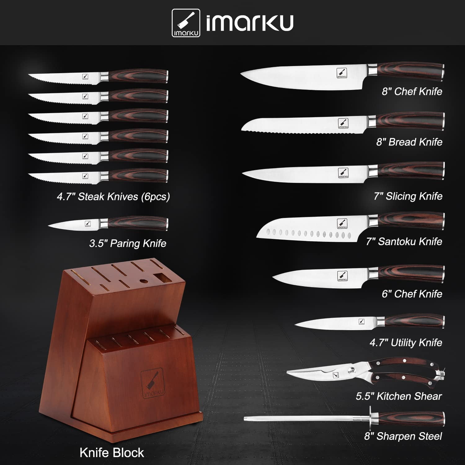 imarku  Knife Sets 16-Piece Japan Stainless Steel Knife Sets with Block  and Sharpener 