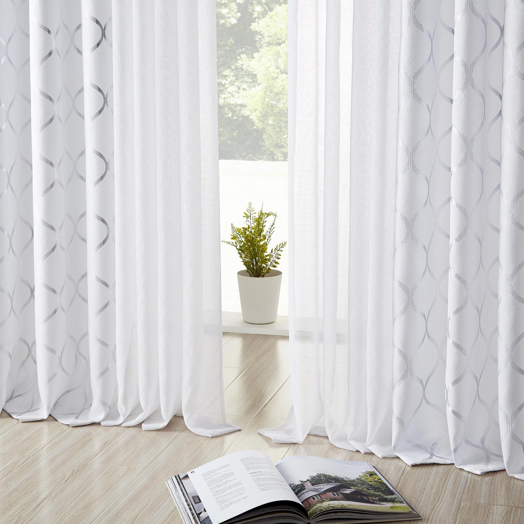 Pinewave White Blackout Curtains Mix and Match Geometric Silver Patterned,Sheer Drapes for Living Room,52w"x63L"x4,Grommet Top