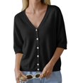 thumbnail image 2 of Half Sleeve Solid Color V Neck Women Casual Button Down Cardigan Knit Tops, 2 of 7