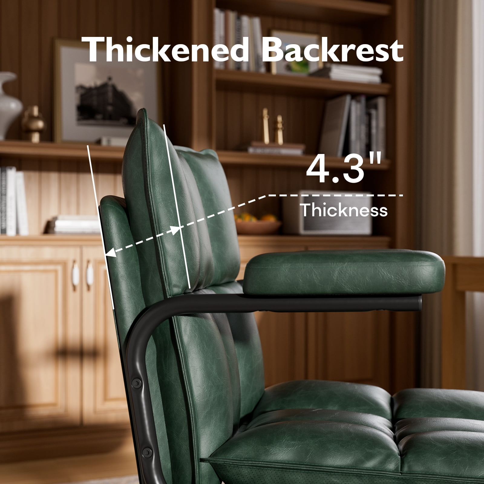 Genpo Green Office Chair, Mid Century Modern Desk Chairs with Arms, Thickend Back and Seat, Adjustable Height, Wheels, Vintage Leather Computer Chair for Home, Office