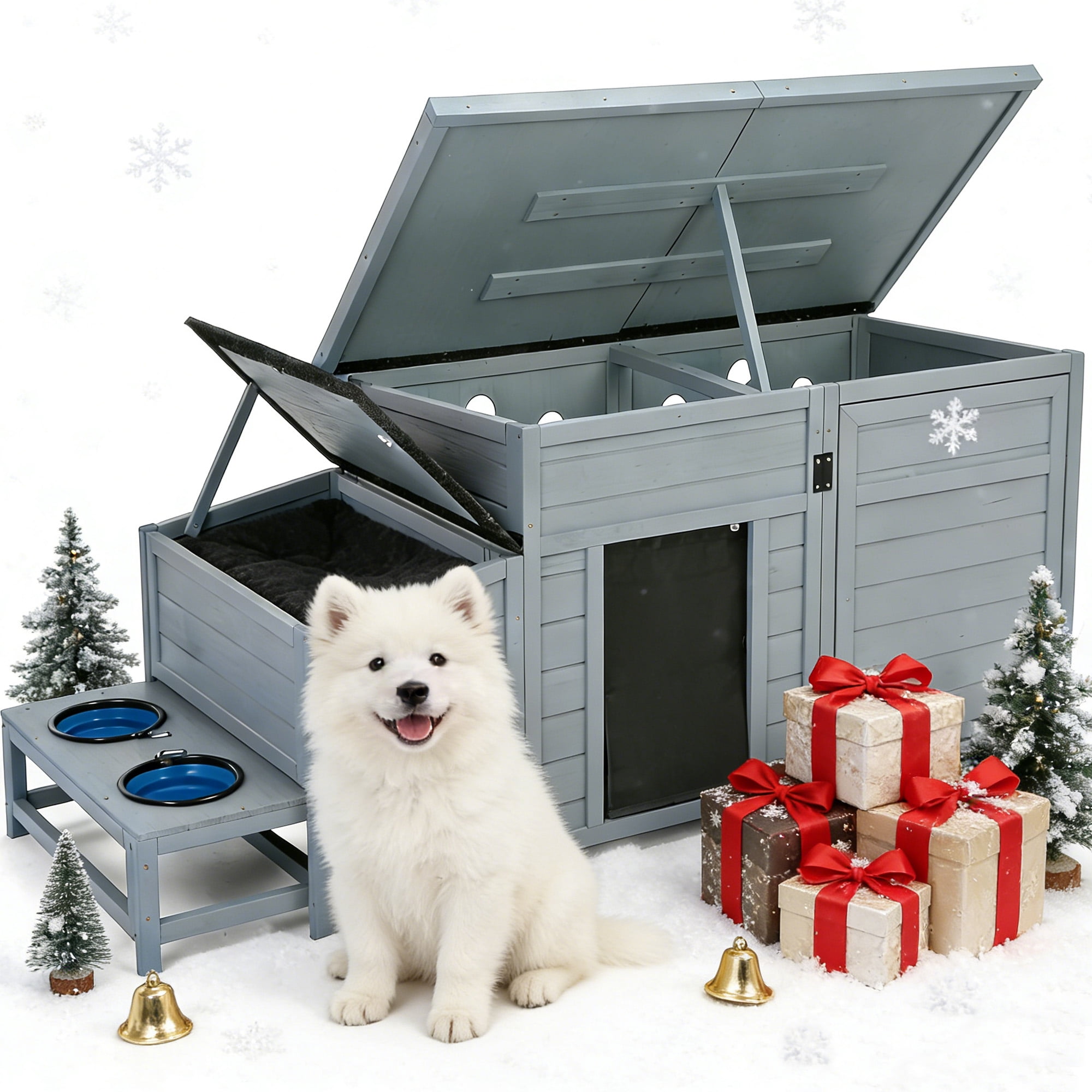 COZIWOW Dog House Outdoor Wooden Dog Kennel Weatherproof with Slow Food Bowls, Storage Box, Open Roof