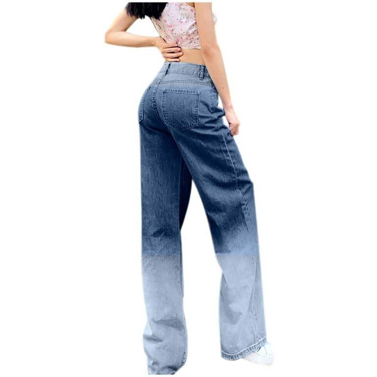 Vbnergoie Women High Waist Loose Pocket Blue Solid Color Print Jeans Pants Pant Stretchers for Jeans for Women Juniors Straight Leg Jeans, Women's