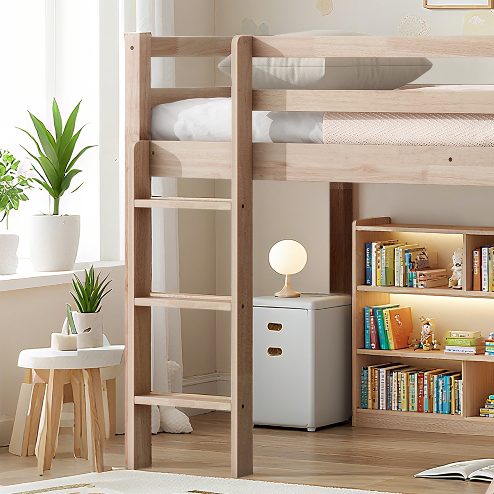 Miniyam Twin Size Kids Loft Bed with Slide, Guardrails, Light oak