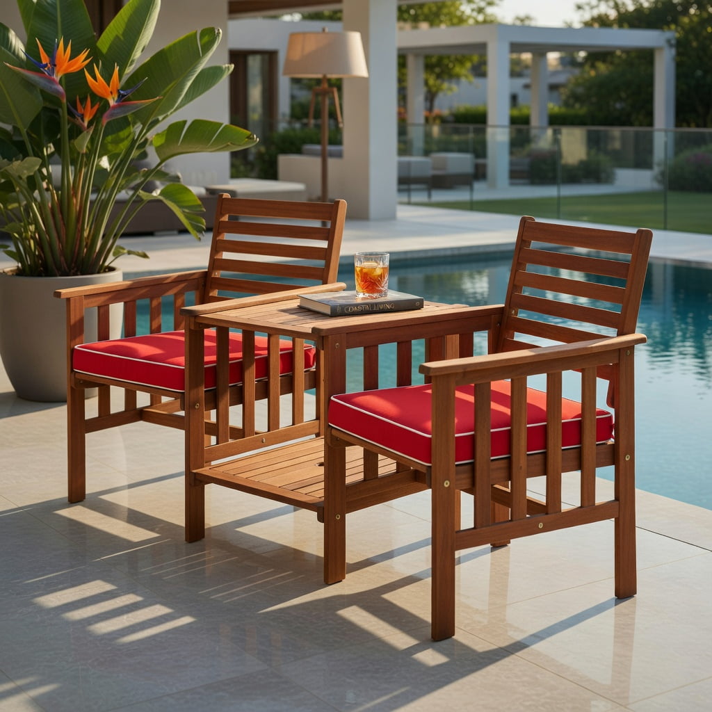 Hommoo 3-Piece Outdoor Patio Furniture Set, Acacia Wood Loveseat with 2 Cushions & Square Coffee Table, Red