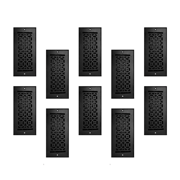 SET of 10 Achtek Air Supply Vent 4"x 10" Duct Opening (Overall 5-1/2"x 11-3/4") Solid Cast Aluminum Register Cover || Powder Coated Black with holes