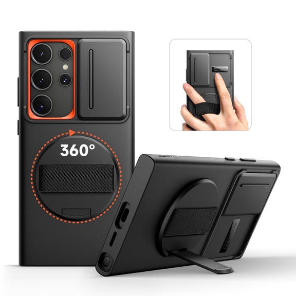 SURITCH for Samsung Galaxy S24 Ultra Case with 360° Rotatable Hand Strap Phone Grip & Invisible Kickstand & Slide Camera Cover, Rugged Shockproof Protective Cover for S24 Ultra, Black