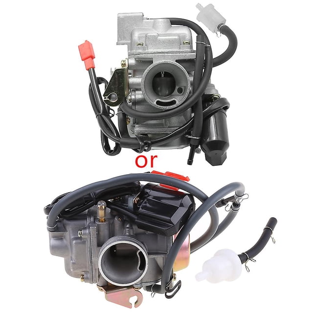 carburador pd24j para ciclomotores scooter gy6 de 4 tiempos, 125cc, 150cc, atv, go karts, qmj/qmi157, qmj/qmi152, colector de admisión fiamet — Carburador PD24J plata en aleación de zinc visto frontal y lateral; cuerpo con orificio de entrada central visible, mangueras y cableado con conector rojo, filtro de combustible blanco incluido; diámetro de entrada 24 mm (lado admisión); compatible con motores GY6 125/150 cc como reemplazo.