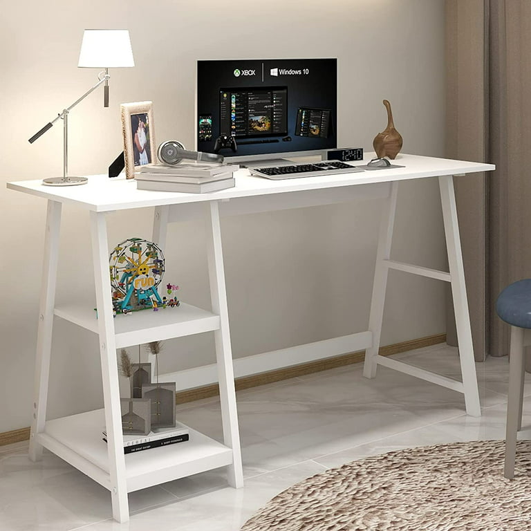 Computer Desk with Storage Shelves, 47 Inch Home Office Desk, Modern Office  Writing Desk, Student Study Table, White 