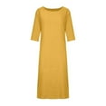 thumbnail image 4 of CHOK Robe en Coton et Lin pour Femmes Grande Taille Manches 3/4 Col Rond Coupe Ample Robe Midi Unie, 4 of 4