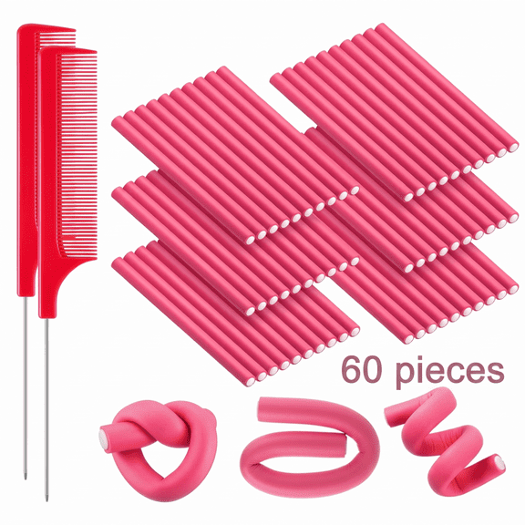 60 Pieces 0.3 x 9.5 Inch Pink Flexible Curling Rods Hair Curlers Rollers Twist Flexi No Heat Rods Rollers for Long Short Hair Women