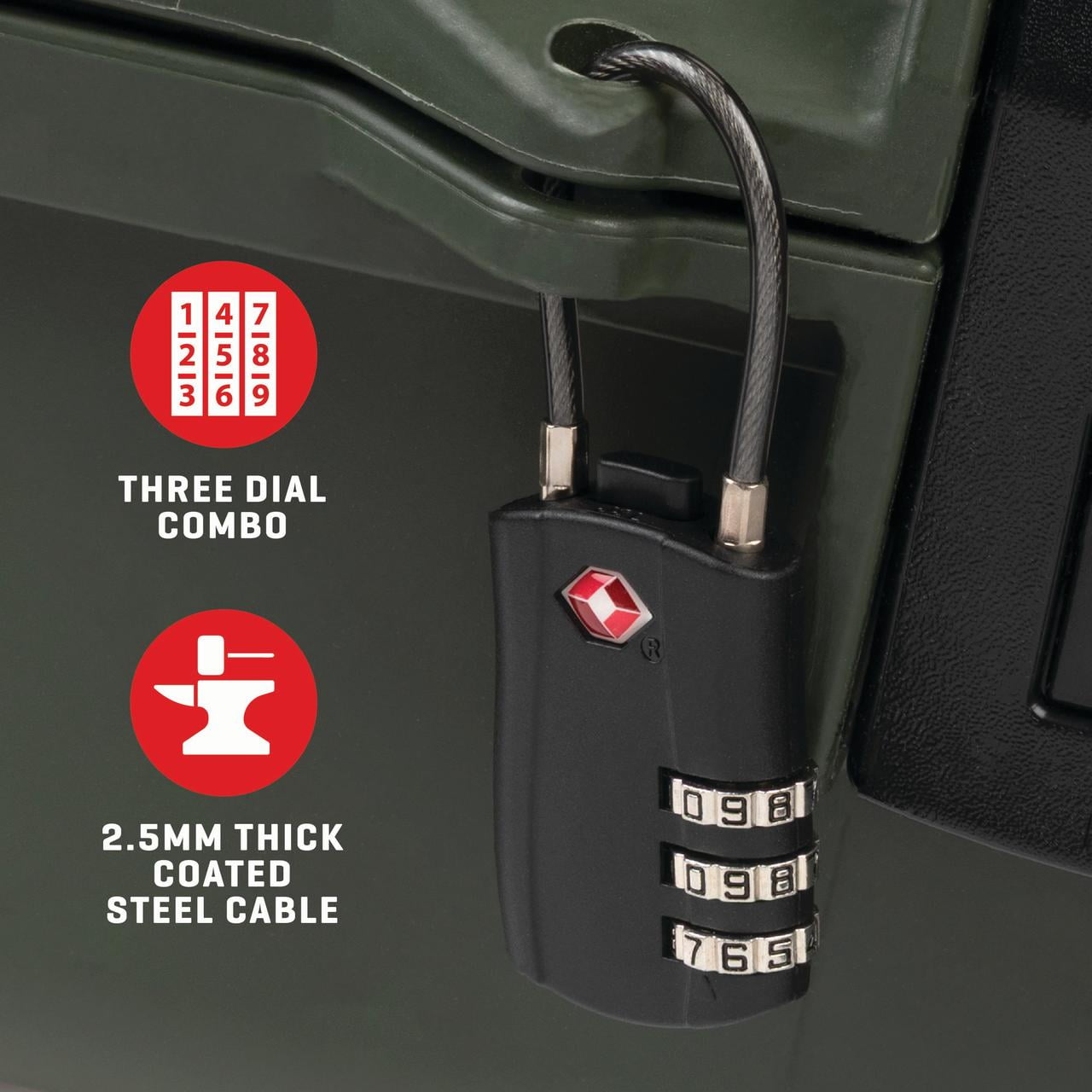 Allen Company TSA Lock with Combination, Black Steel Cable Lock, 1.25" Cable, 3 Wheel Combination