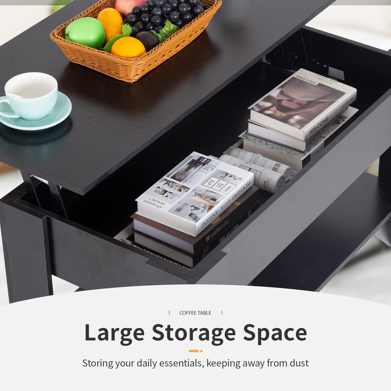 FDW Modern Lift Top Storage Wood Coffee Table, Black