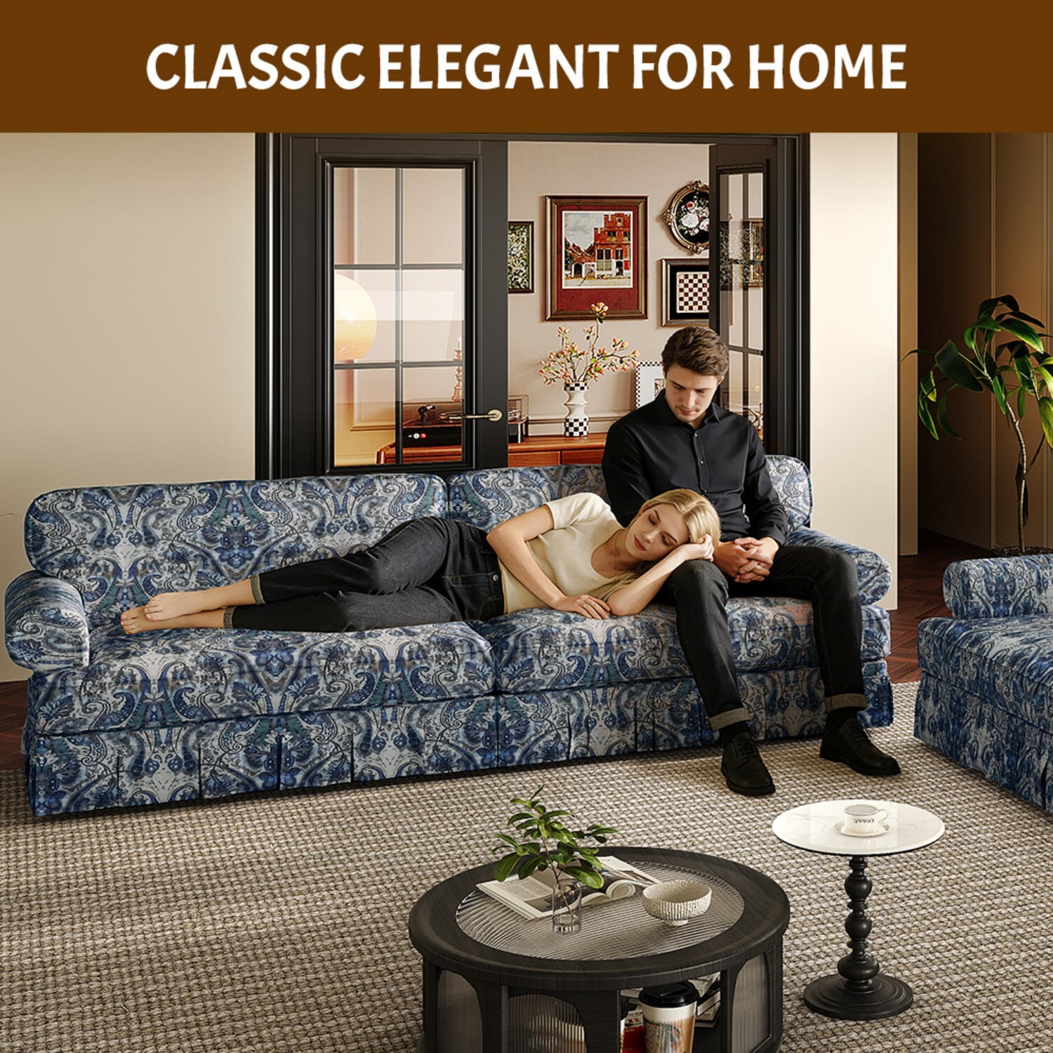 Alvantor 74" 3-Seater Cloud Sofa Couch Upholstered Chenille Couch with Rolled Arms & Pleated Skirt, Mid-Century Modern Sofa for Living Room Blue