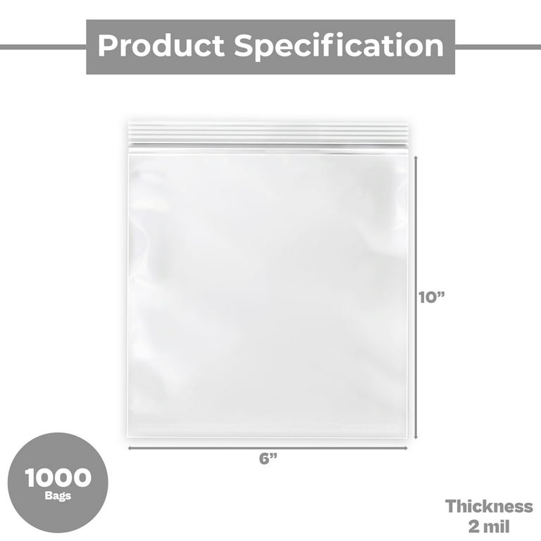 6x9 Inch Reclosable Ziptop Bags - 2 Mil Thick, White Block Label Area, Pack Of 1000, Transparent
