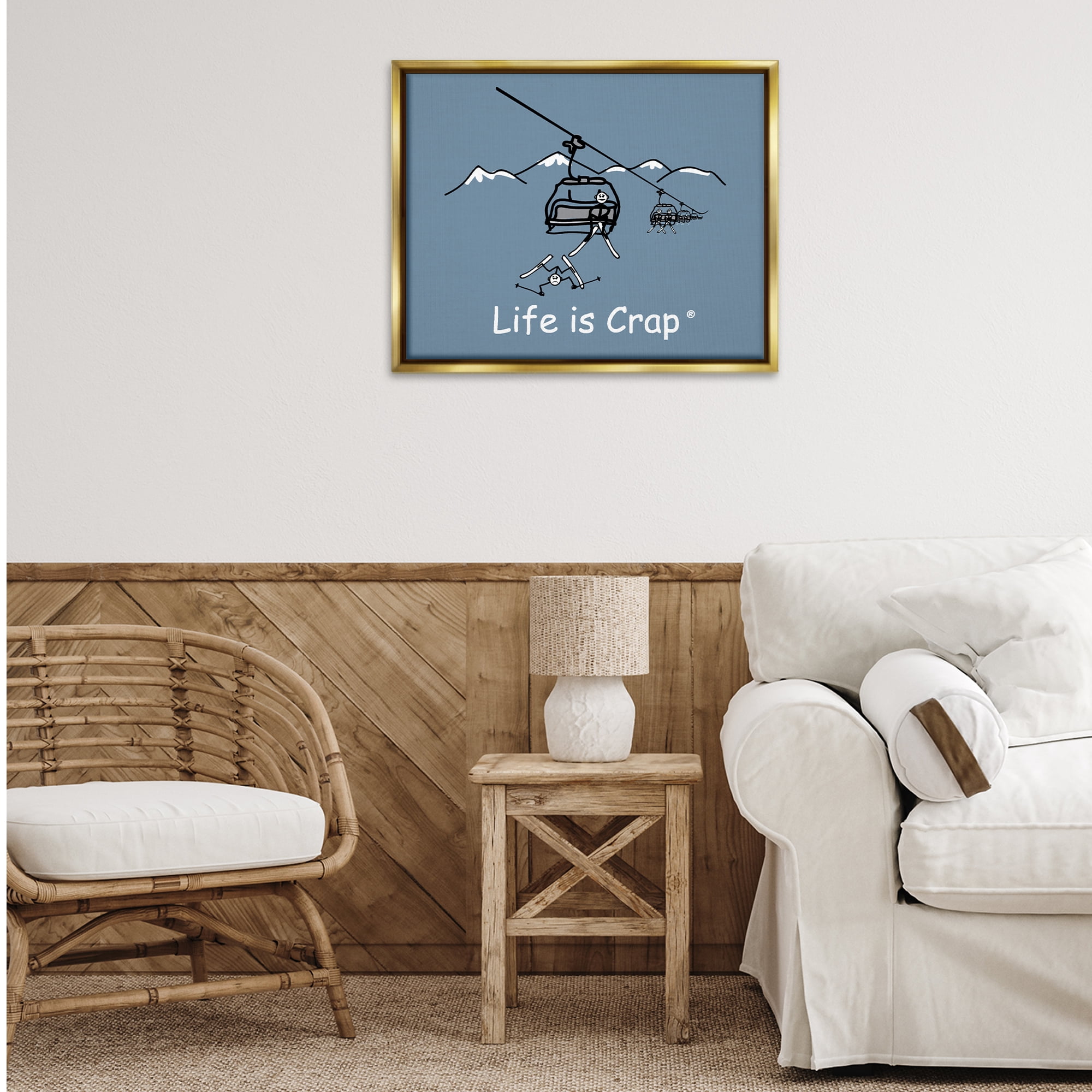 Stupell Industries Falling Ski Lift Novelty & Humor Painting Gold Floater Framed Canvas Art Print Wall Art, 31 x 25