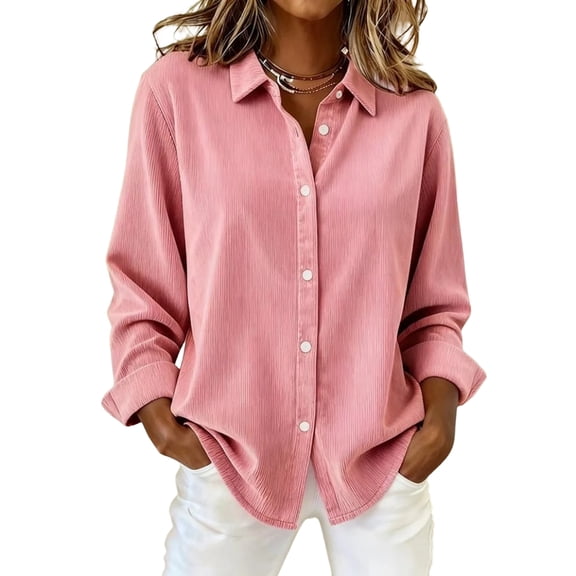 WULMLEO Women's Corduroy Shirt Casual Loose Fit Long Sleeve Lapel Button Down Fall Winter Tops Pink L
