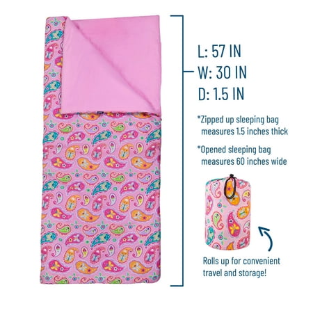 Wildkin Kids Original Sleeping Bag for Boys and Girls, Measures 57 x 30 Inches (Paisley Pink)
