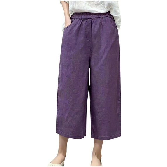pbnbp Plus Size Pants for Women Solid Cotton Linen High Waisted Elastic Pocktes Wide Leg Straight Leg Capri Pants Capris for Women