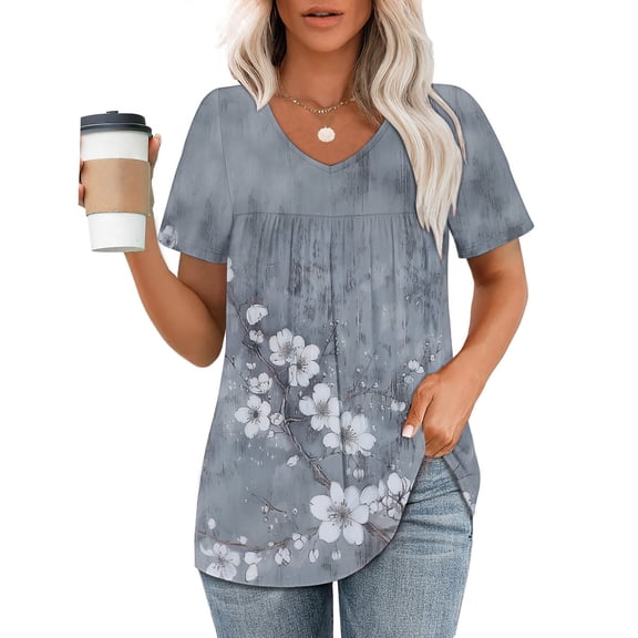ALLLIST Short Sleeve Tops for Women V Neck Plus Size Pleated Blouse New Floral Tunic Clothing for Women
