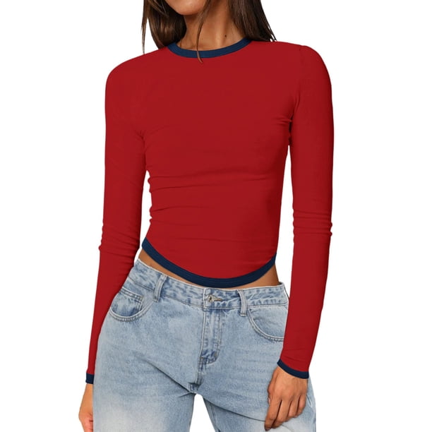 Top corto de manga larga ajustado para mujer - Camiseta ajustada de cuello redondo, poliéster, XS-XL, camiseta básica para yoga y entrenamiento para otoño/invierno