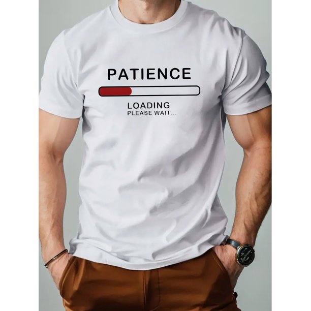 1pc Men'S Casual Crew Neck T-Shirt with Geometric "PATIENCE Loading" Print, Polyester Knit Fabric, Slight Stretch, Regular Fit, Short Sleeve, Summer Daily Wear
