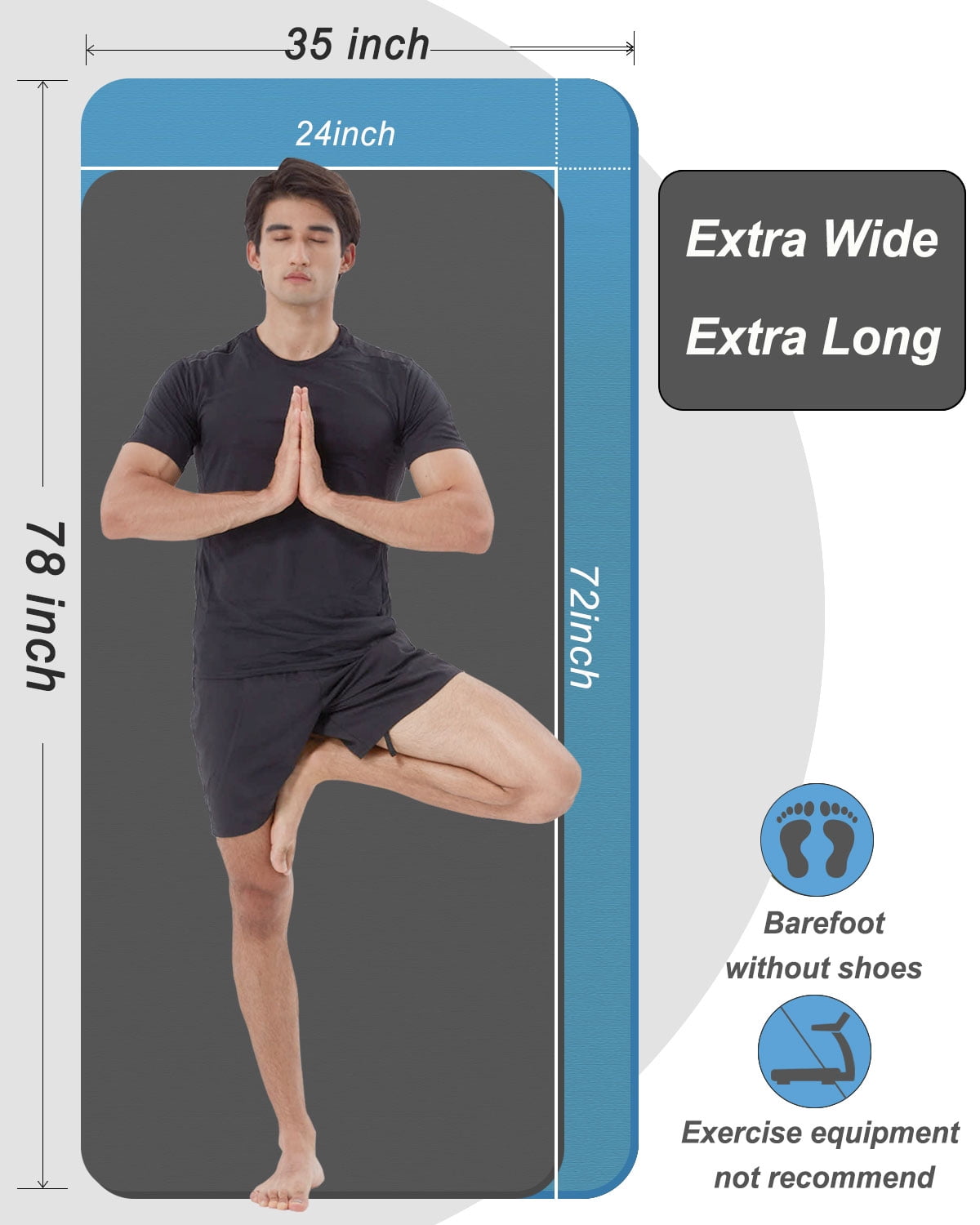 YR XL Yoga Mat 78"x35" Wide NBR Exercise Workout Mats for Home Gym Floor Fitness Pad, 10mm Thick Blue