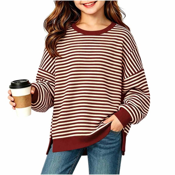 hotojiny Girls Striped Shirts Long Sleeve Oversized T-Shirt Crewneck Side Slit Tunic Tops for Fall Fashion(Wine,14-15 Years)
