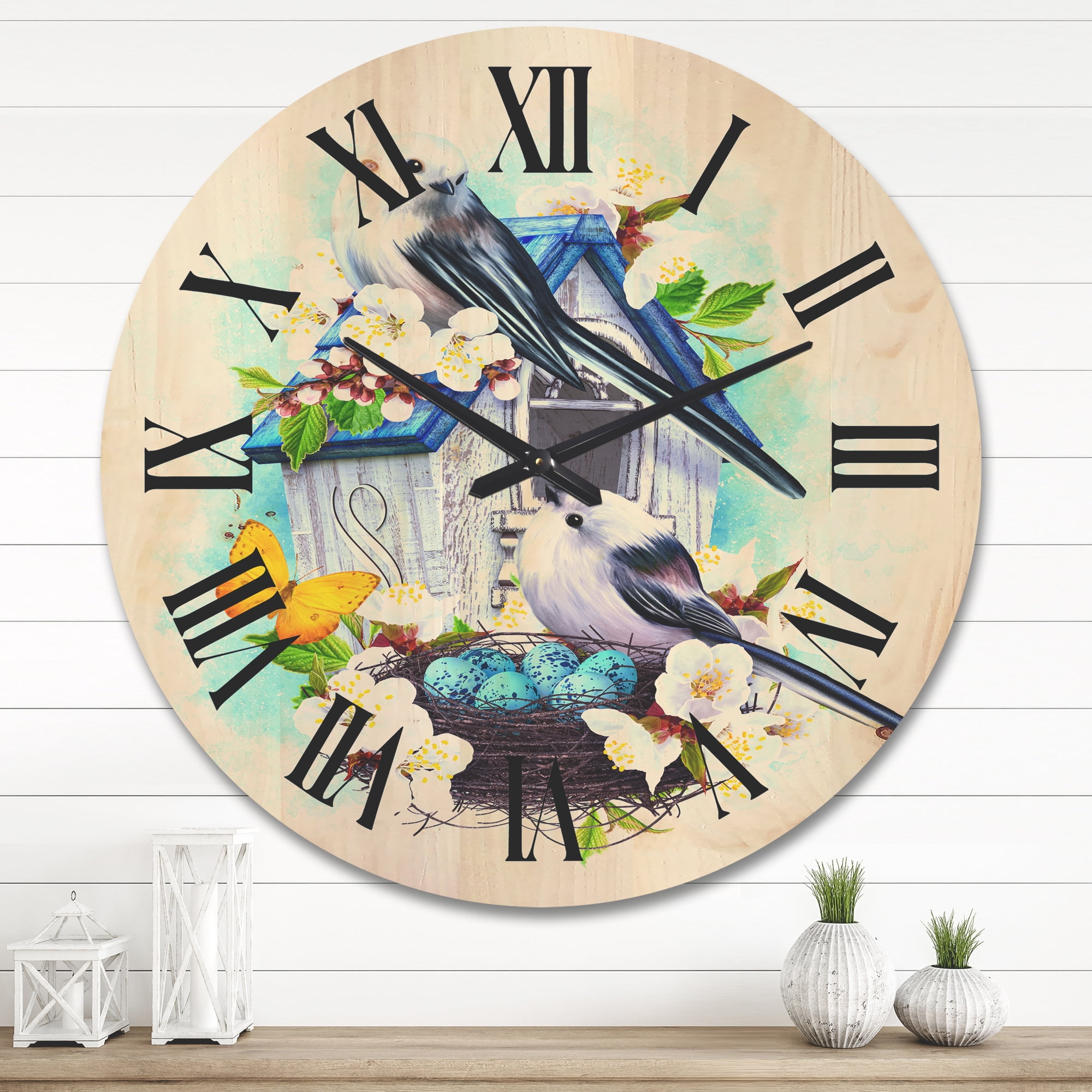 Designart 'Two Tit Birds Sitting Near The Nest With Eggs and White Flowers II' Traditional Wood Wall Clock