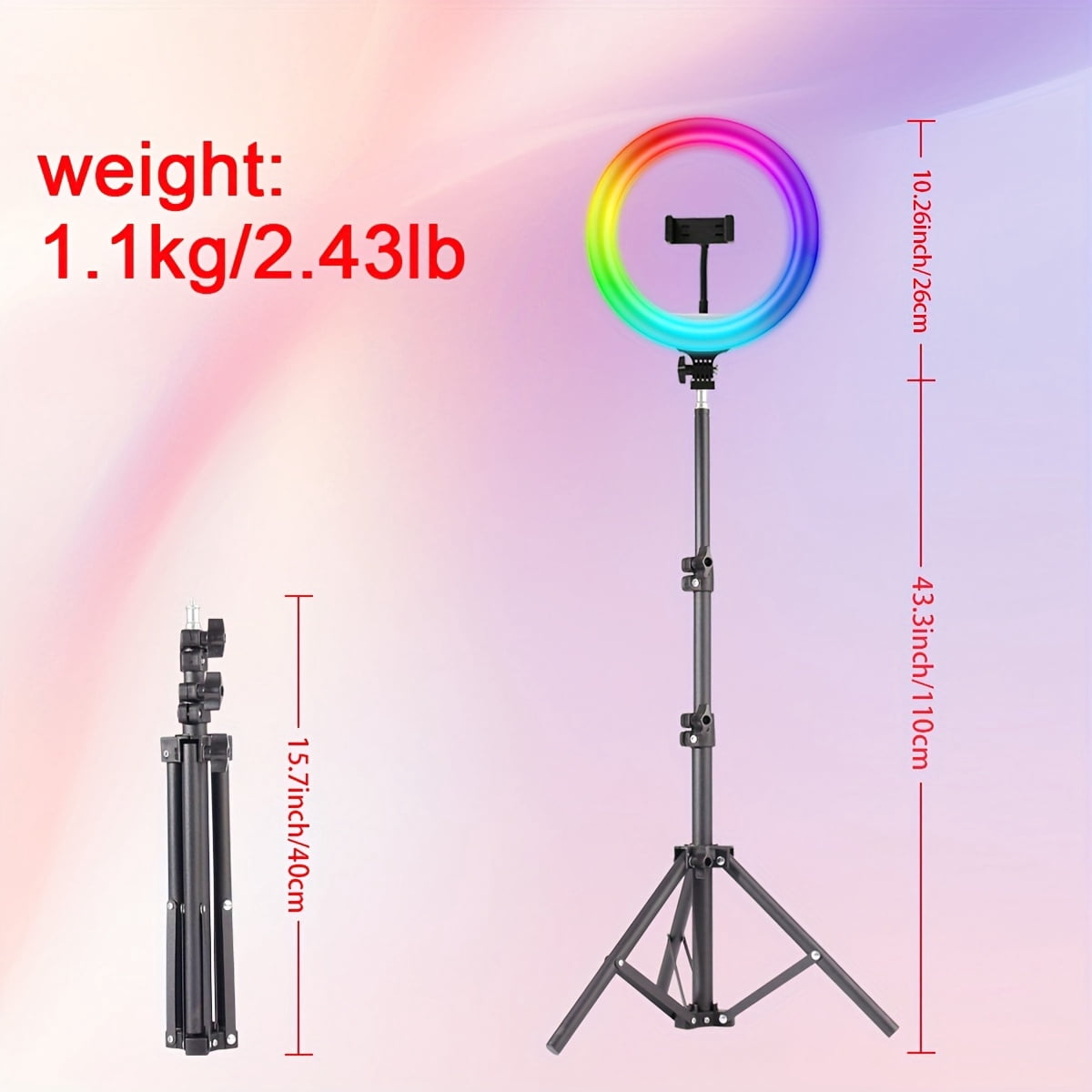 10-inch RGB LED Ring Light with Stand, Compatible with Tripods up to 43", Includes 2 Phone Mounts, 5000K Color Temp - Ideal for Live Streaming, Makeup, YouTube, TikTok & Vlogging.