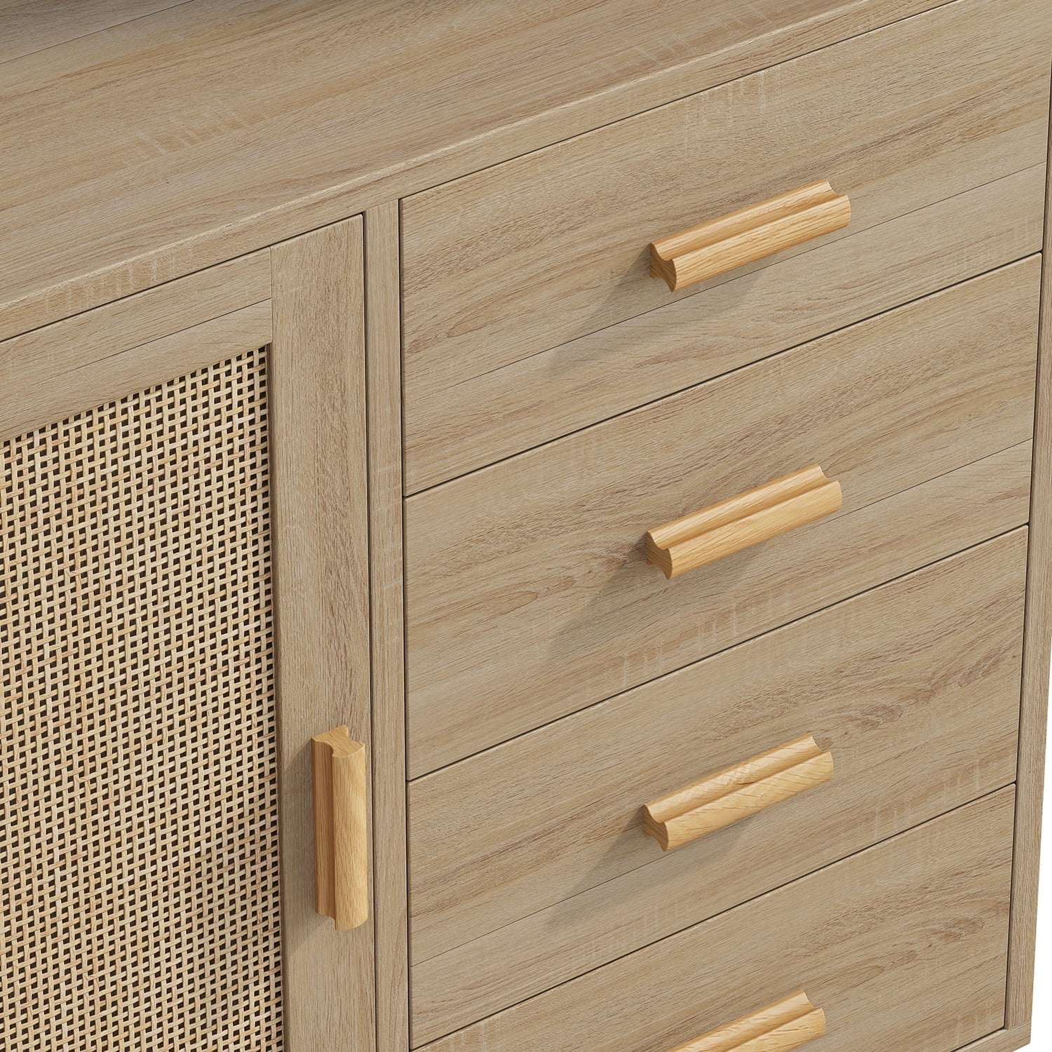 Kadyn 4 Drawers Rattan Cabinet, Modern Dresser with Rattan Door, Accent Storage Cabinet for Living Room, Natural