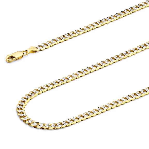 Wellingsale 14k Two Tone Yellow and White Gold Polished Solid 3.2mm Cuban Concaved Curb White Pave Diamond Cut Chain Necklace with Lobster Claw Clasp - 24"