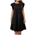 thumbnail image 2 of Women ‘s Summer Ruffle Sleeve  Neck Mini Dress Solid Color Casual Loose Flowy Swing A Line Pleated Beach Sundress, 2 of 7