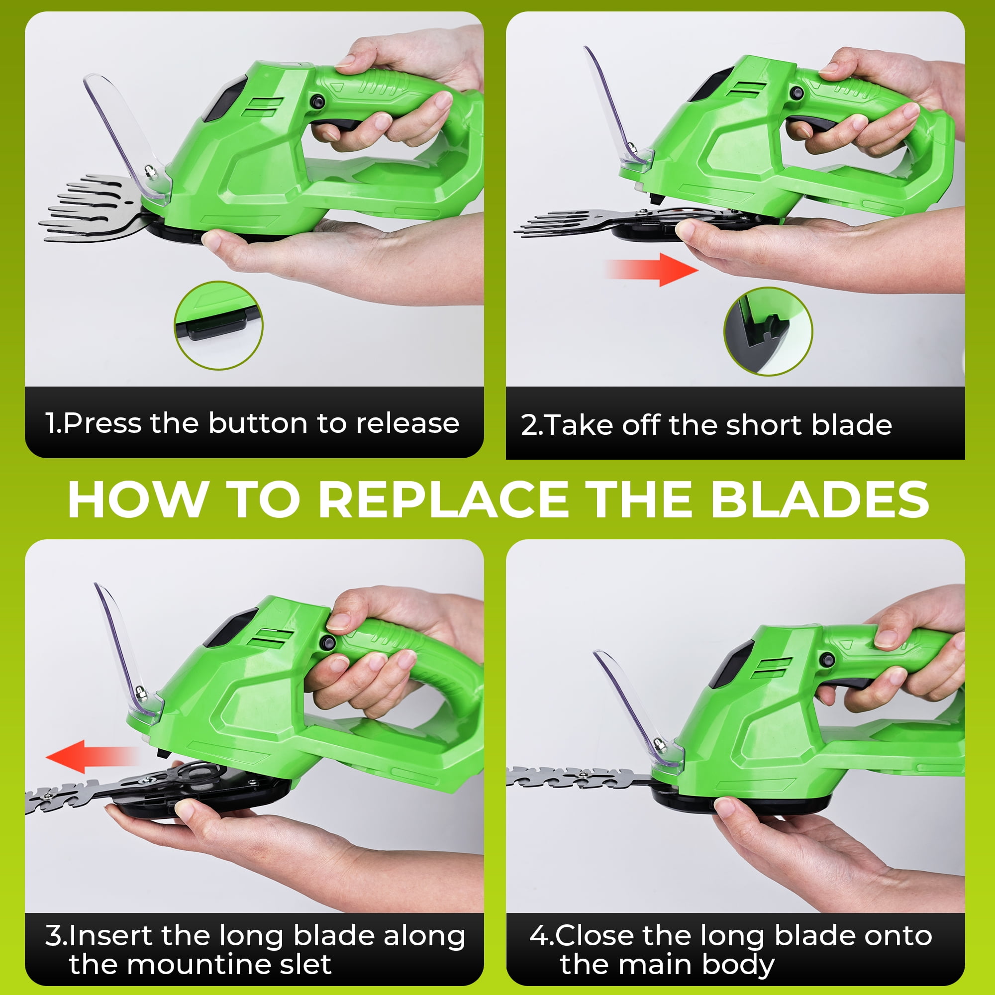 HOTREE Cordless Hedge Trimmer, Grass Shear, 2-in-1 25000 RPM, Battery Level Indicator, for Shrubs, Gardens, Patios, and Lawns