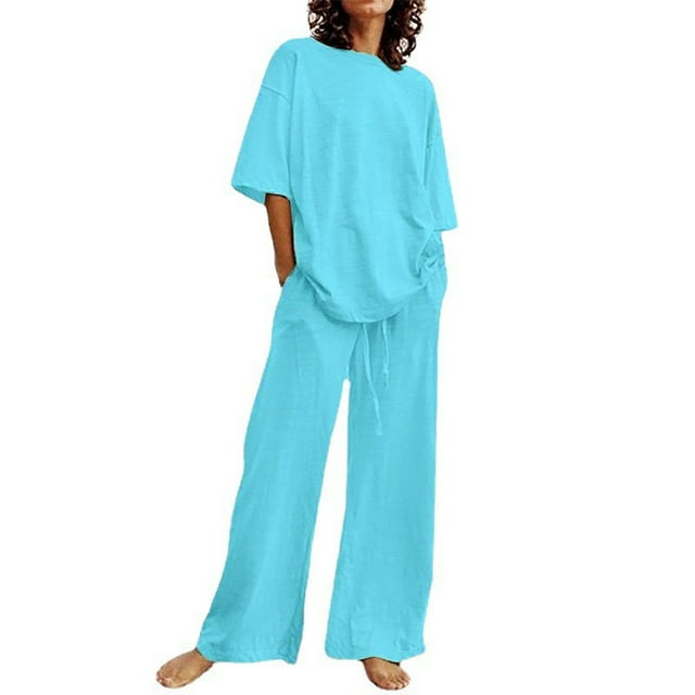 RKSTN Womens Two Piece Set Fashion Short Sleeve Solid Color Tops and Linen Cotton Long Straight Loose Drawstring Pants Casual Outfits