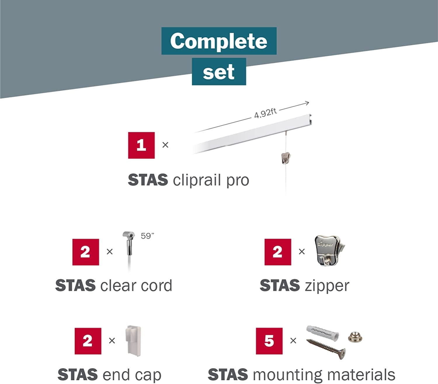 STAS Cliprail Pro Picture Hanging System Set White - Covers 4.92 ft of Wall Space - Heavy Duty Picture Rail & Art Hanging Gallery Kit Without Nails - for Home or Museum Includes 2 Hooks & Cords