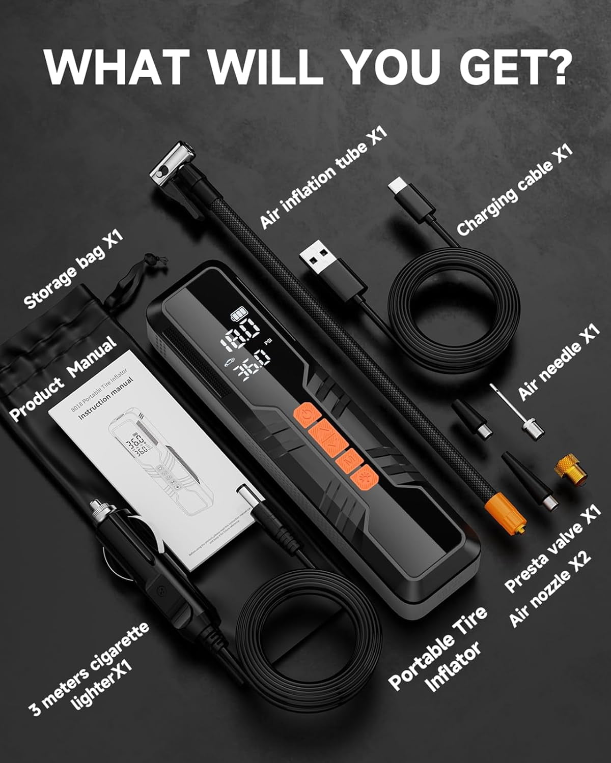 Tire Inflator Portable Air Compressor 150PSI, 4X Fast Electric Tire Pump, Air Pump for Car Tires with Digital Pressure Gauge/LED Light/Power Bank, Bike, Motorcycle, Ball, Car Accessories