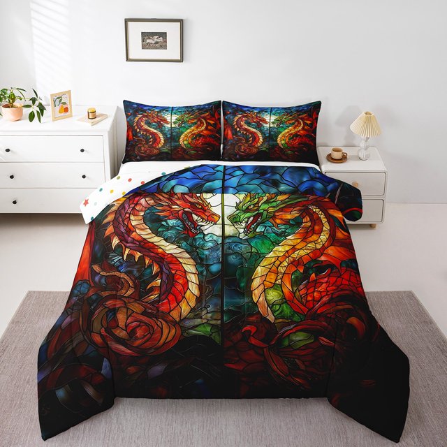 Erosebridal Magic Dragon Animal Bedding Full Comforter Set, Retro Wildlife Down Comforter, REversible 3 Pieces, Microfiber