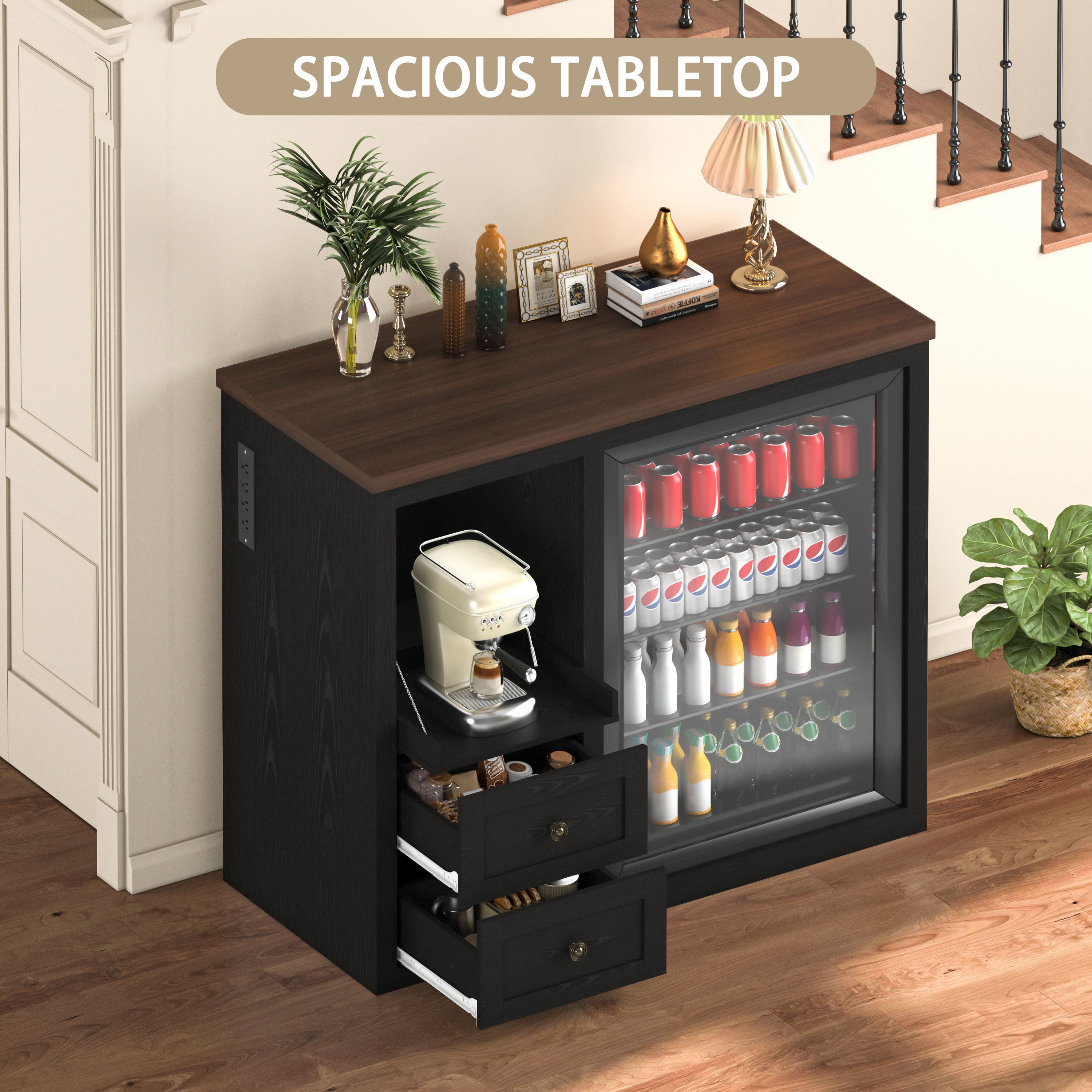 JassmiPkwy Mini Fridge Stand with Built-in Storage, Coffee Bar Cabinet with 2 Drawers & Power Outlet, for Coffee Maker, Microwave, Black