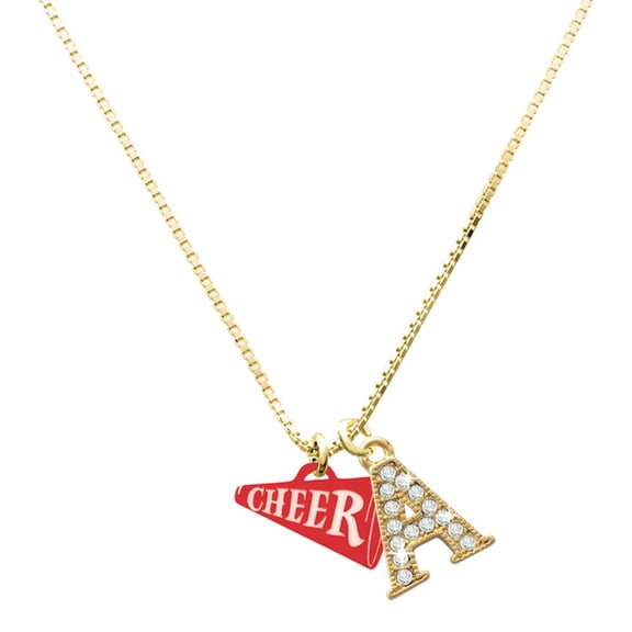 Delight Jewelry Acrylic Red Cheer Megaphone - Large Goldtone Crystal Initial - A - Charm Necklace, 17.5" 2"