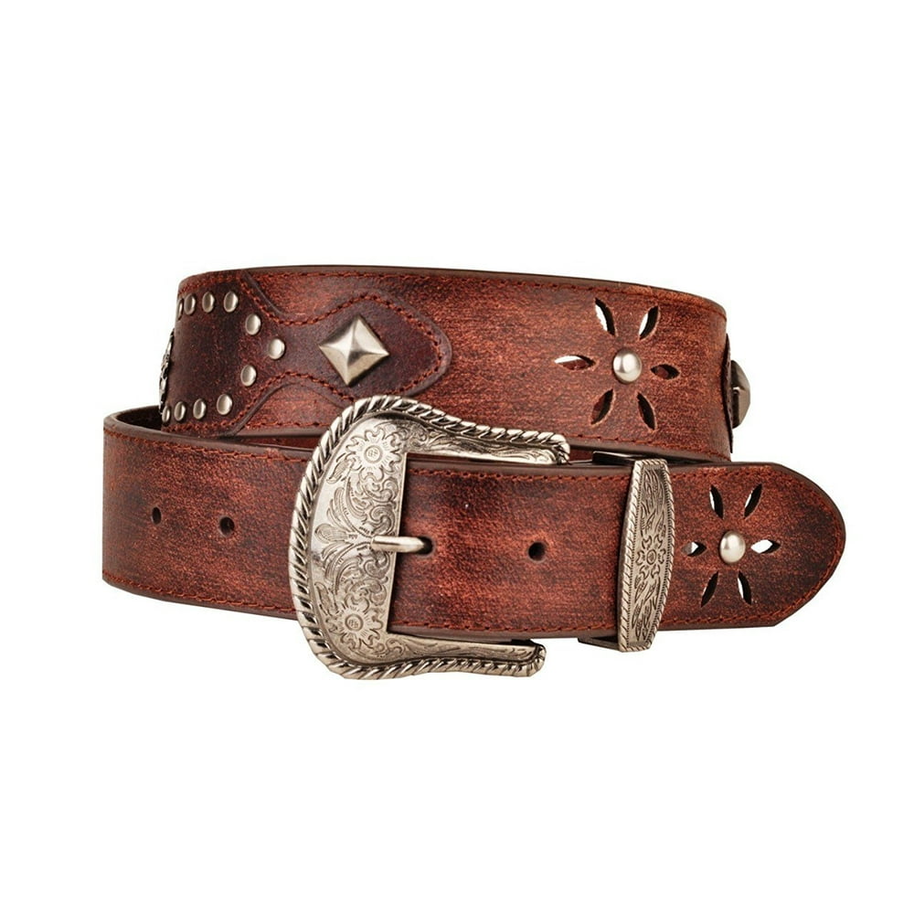BC Belts Womens Faded Brown Leather Belt Metal Studs and Star Cut Out