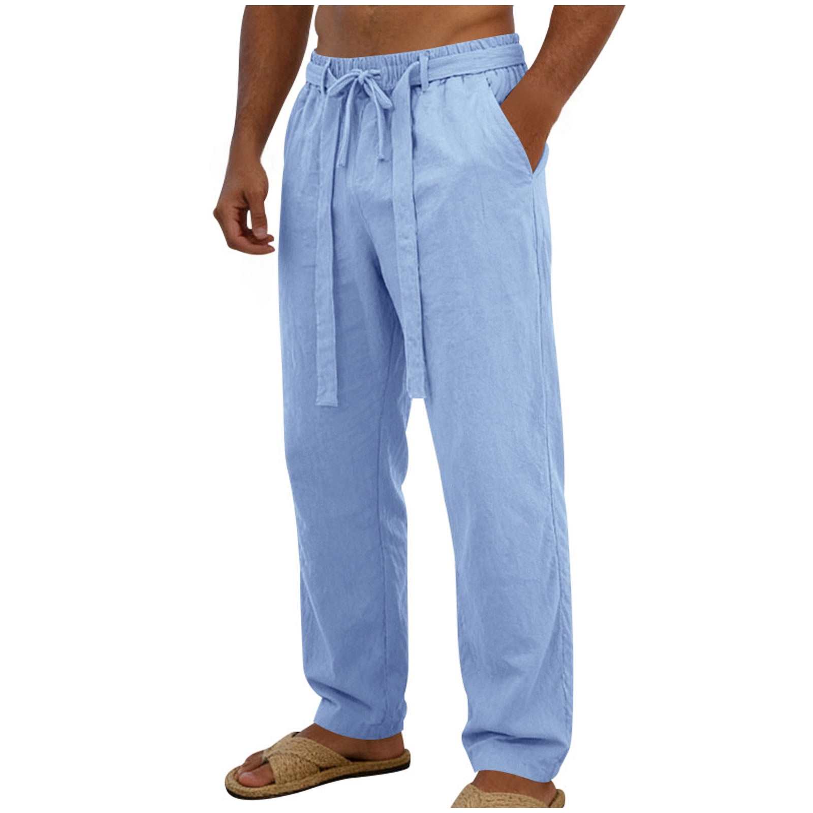 GEWSEY Mens Linen Pants Loose Fit Casual Lounge Pant Drawstring Elastic Waist Straight Leg Lightweight Yoga Trousers (Light Blue 3XL)
