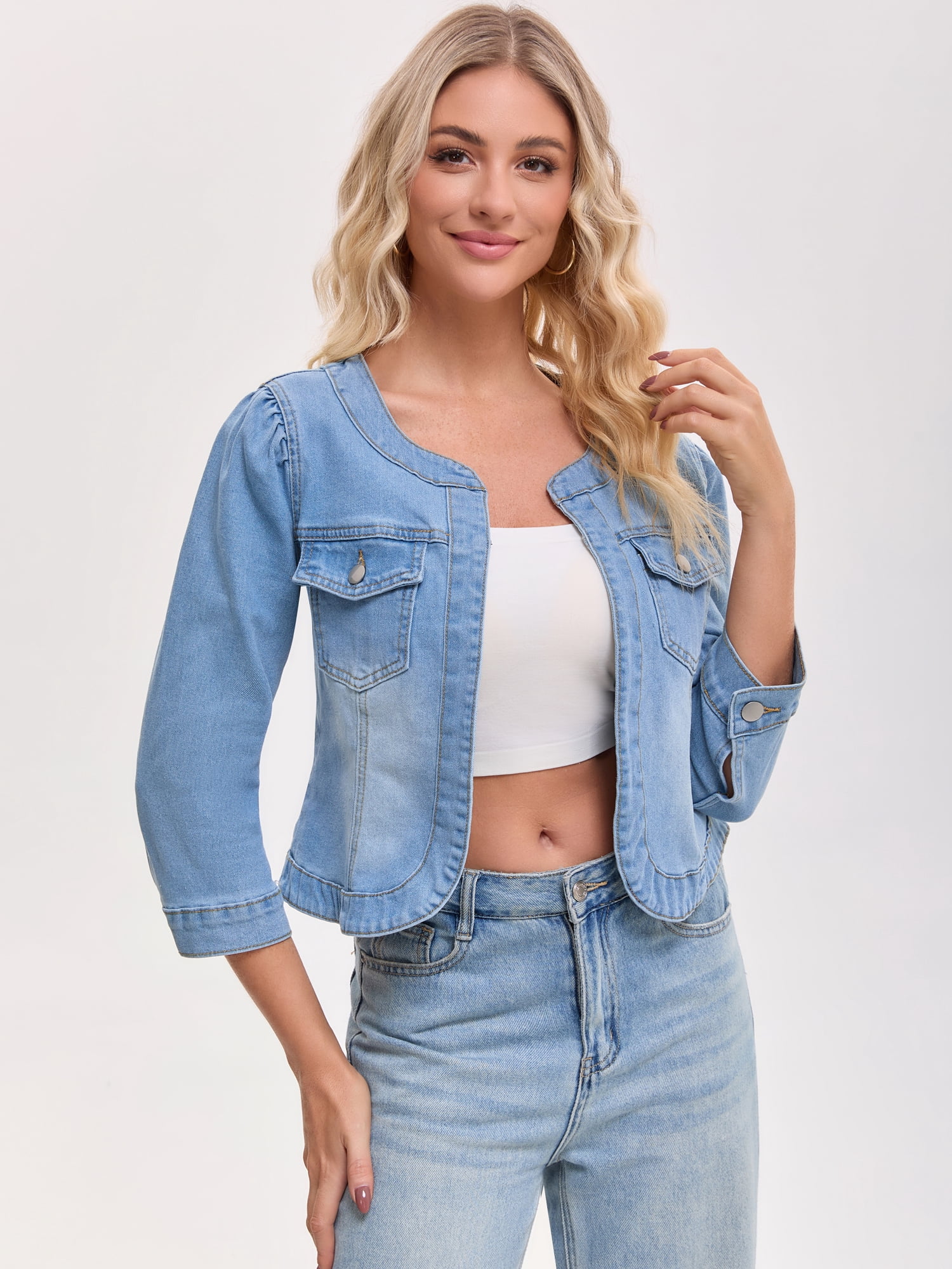 DARING DIVA Women's Collarless Cardigan 3/4 Sleeve Jean Jacket 2XL Light Blue