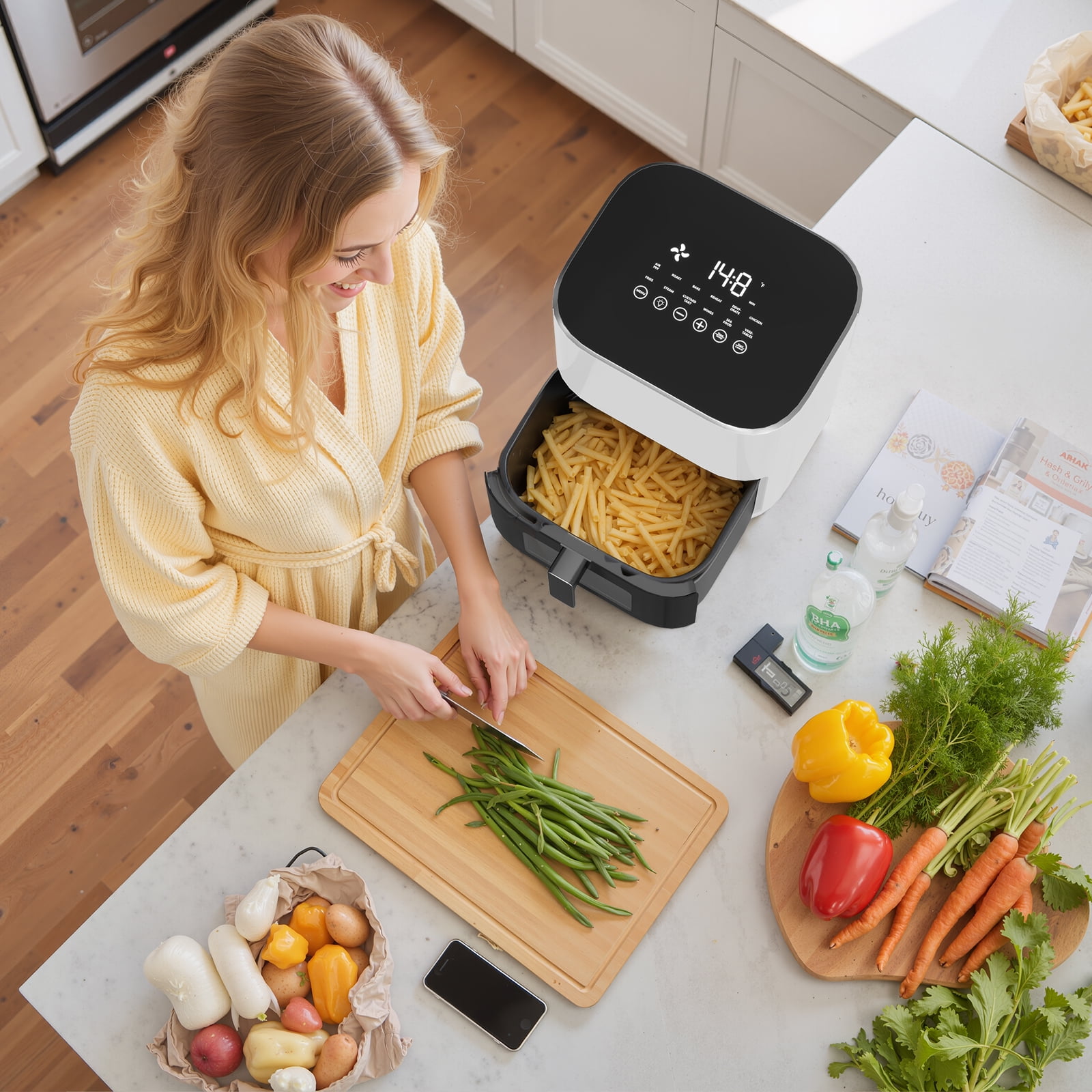 TINKLE WELL Air Fryer, 6-Quart 12-in-1 Multi-Cooker with Viewing Window for Oil-Free Frying, Baking & Dehydrating, Up to 400°F, Beige