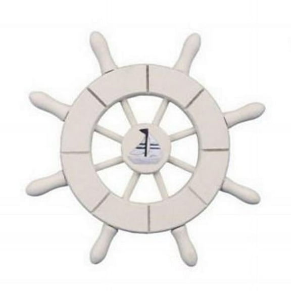 Handcrafted Model Ships SW-6-101-Sailboat-NH 6 in. White Decorative Ship Wheel With Sailboat