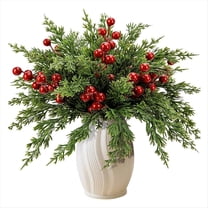 45 Pcs Christmas Artificial Pine Branches with Red Berry Stems,Faux Evergreen Norfolk Pine Cypress Leaves Stems for DIY,35 pcs Xmas greenery pine branches 10 pcs artificial red berries stems