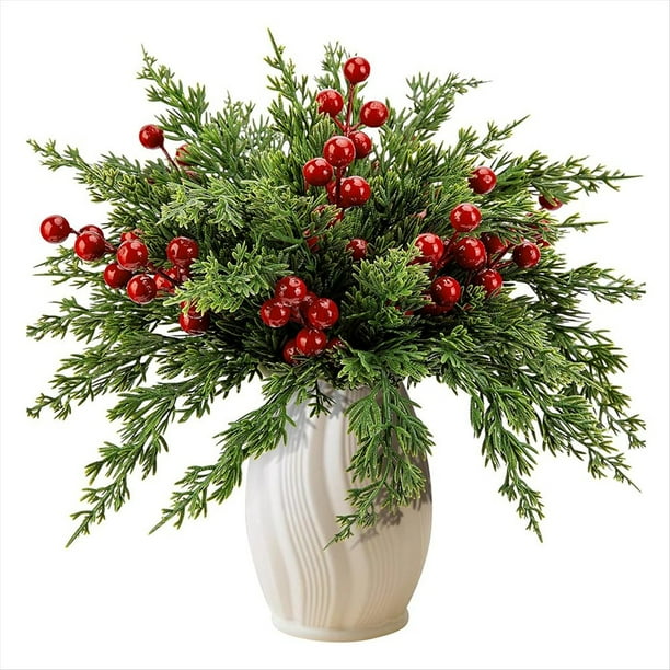 45 Ramas Artificiales de Pino Navideño con Frutos Rojos, Hojas de Pino Norfolk Perennes Artificiales y Ciprés para Manualidades.
