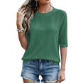thumbnail image 5 of Linen Texture Blouse for Women, Crew Neck Half Sleeve Loose Tunic - Lightweight Breathable Summer Casual Top Green L, 5 of 7