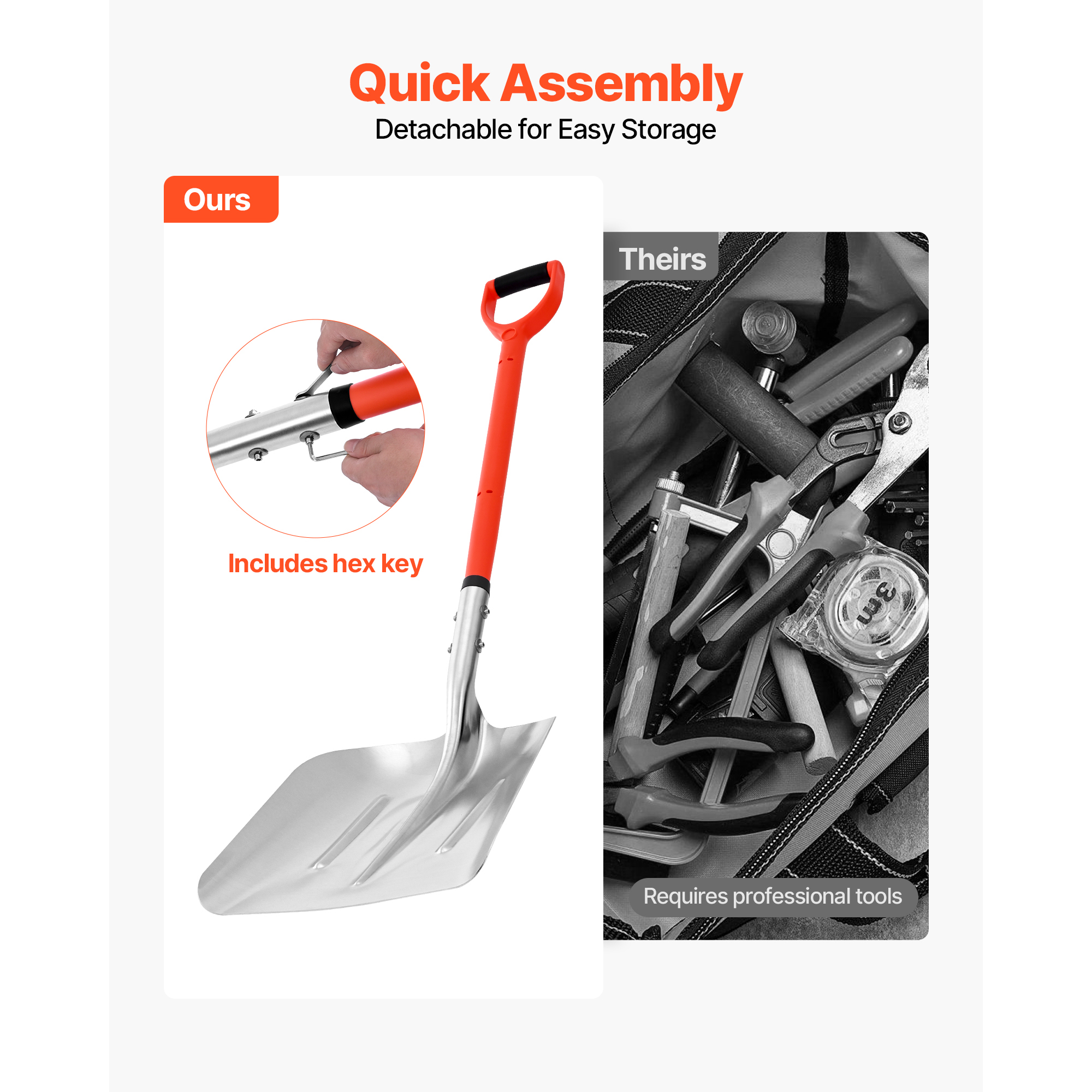 KFFKFF 14-Inch Wide Aluminum Snow Shovel with D-Handle, Lightweight Snow Removal Tool for Driveways, Gardens, Cars, and Camping