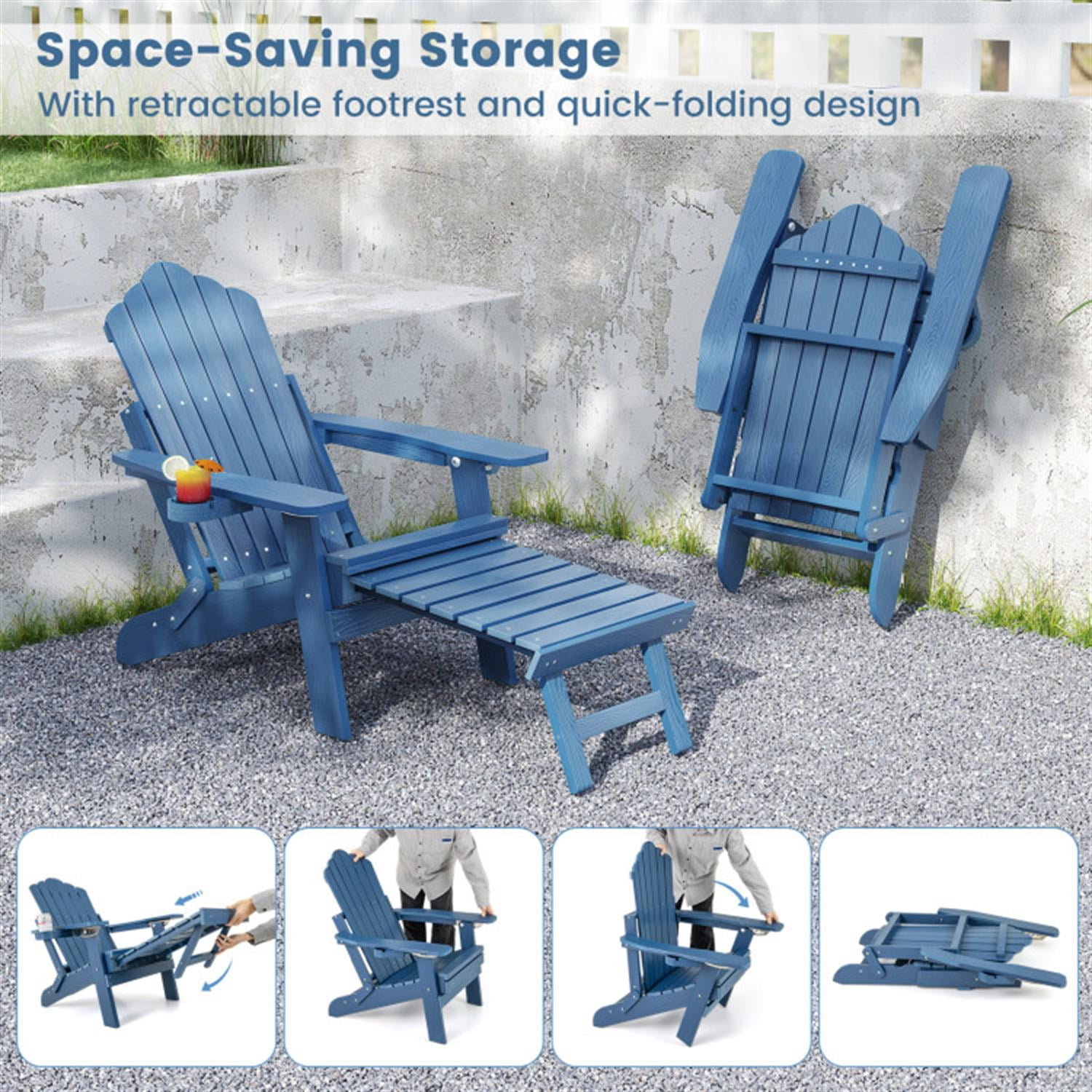 Demi Bonn All-Weather HIPS Patio Adirondack Lounge Chair with Retractable Footrest, Outdoor Accent Furniture Lounge Chairs for Yard, Garden, Blue